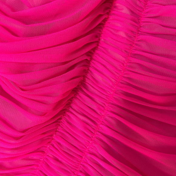 💞NWT HERVE LEGER one-shoulder draped jersey mini dress in neon Pink, size M - Picture 10 of 17